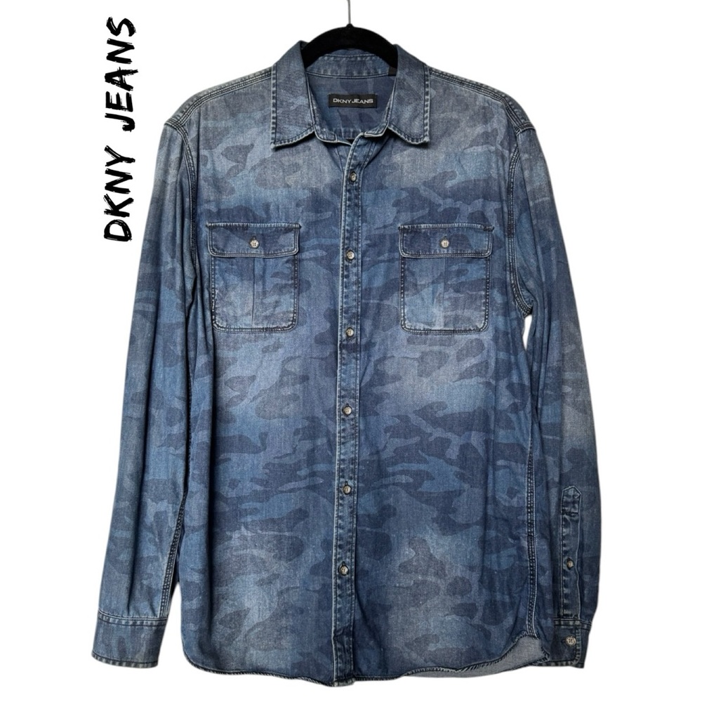 DKNY Distressed Camouflage Ombré Denim Button Down Shirt - Size Medium NEW
